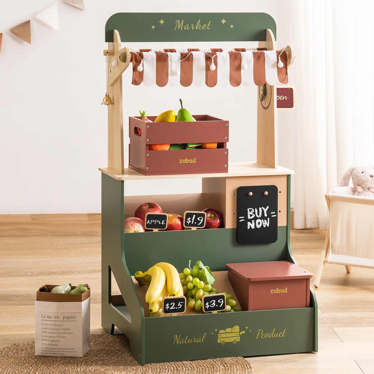 Barnkiosk i trä med interaktiv kassa – Pretend Grocery Supermarket