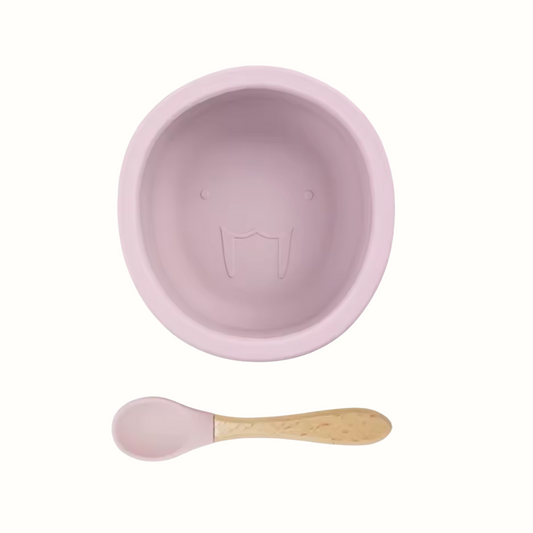 BARA BABY™ Första Måltidspresentset “Rosa Puder” – Silikonskål med Sugkopp & Sked | Från 4 Månader