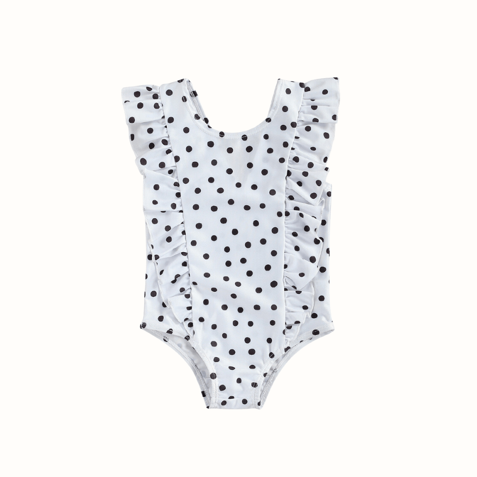 Babybadkläder för flickor - Vit babybaddräkt med små, delikata prickar och vågade kanter