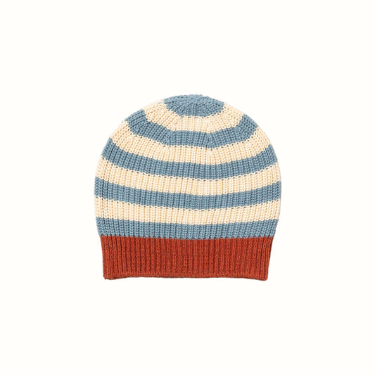 Stickad mössa – blå randig, mjuk & stretchig i ekologisk bomull 3-5år