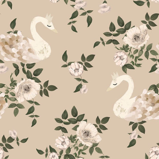 Barnrum Tapet – Swans Kingdom Beige | Stora Svansmotiv | Remsa 280×100 cm