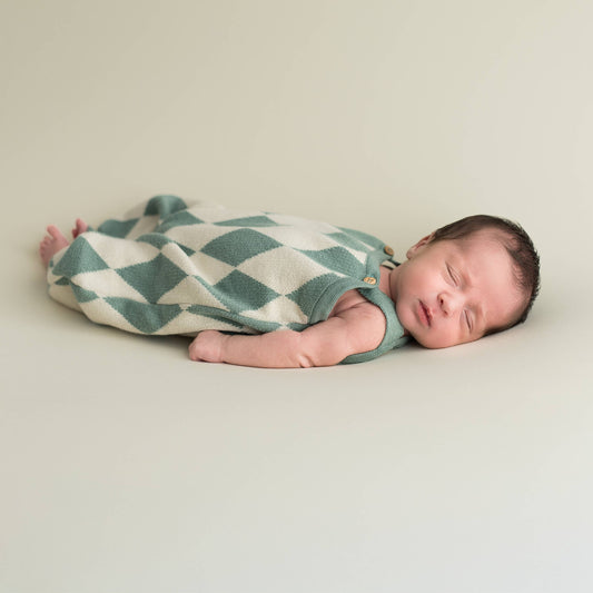 Ekologisk babyromper – micu micu “Diamond” jeans/ecru | Knappad i olivträ, tillverkad i Barcelona