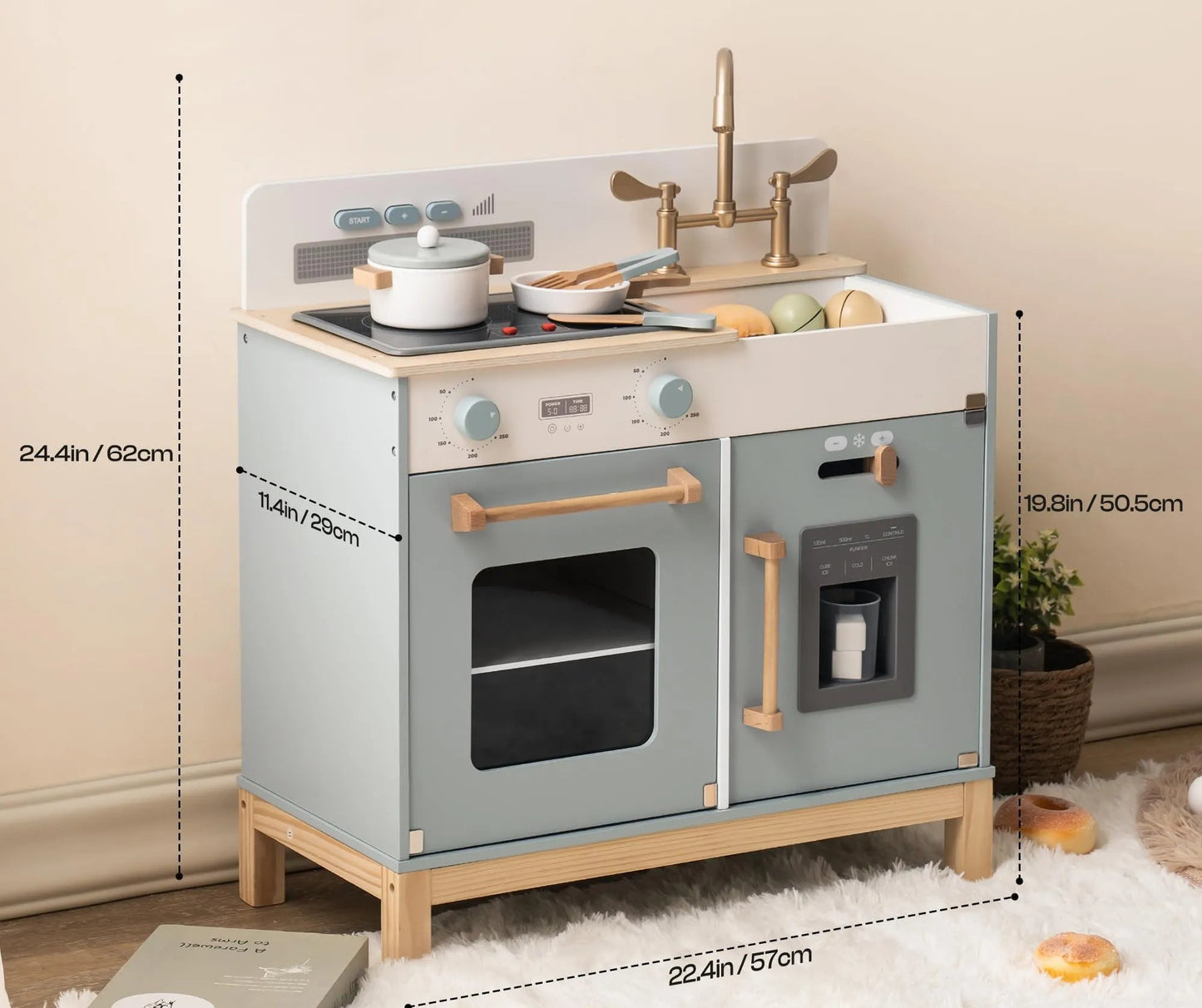 Barnkök i trä – Blå, minimalistisk (ugn, spis & diskho)