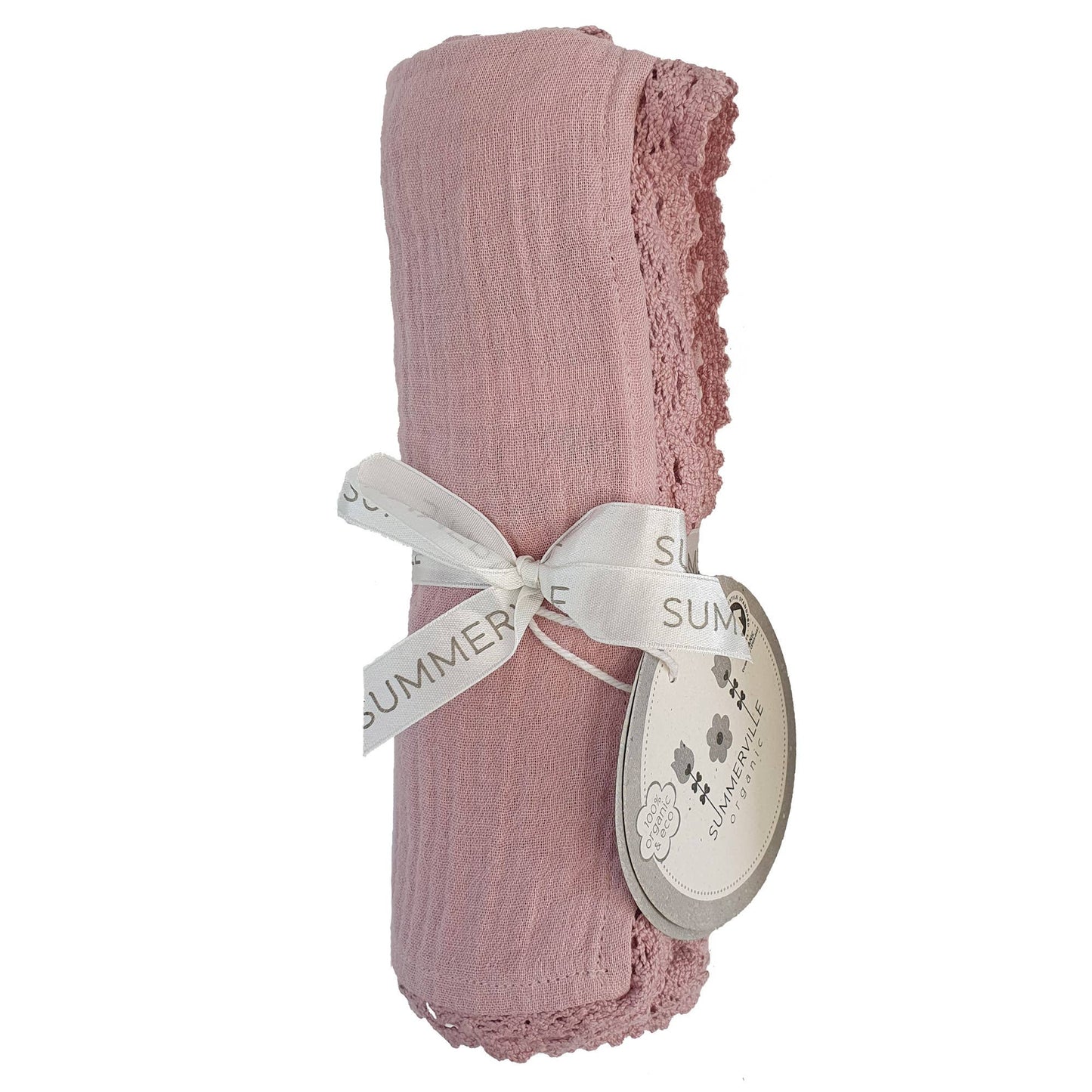 Ekologisk babyfilt i krinklad muslin med spets – Pale Mauve från Summerville Organic