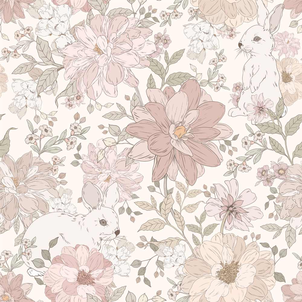 Tapet Barnrum - Hide and Seek Rabbits | Blommig med Kaniner | Remsa 280×100 cm (Non-woven)
