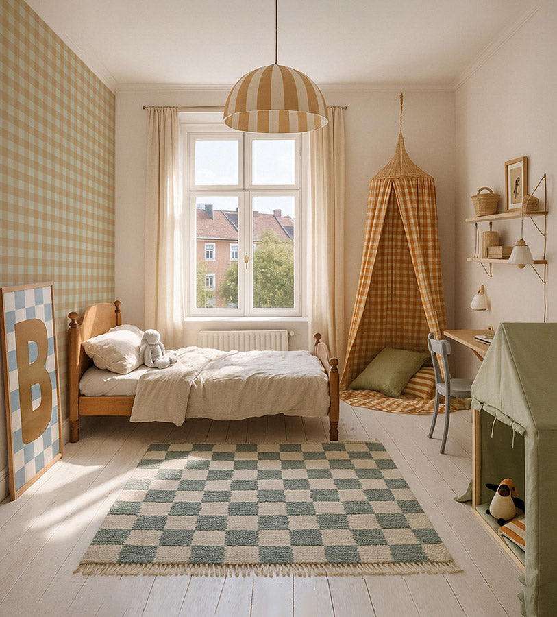 Tapet Barnrum - Check Brown/Green | Smårutig Rutig Tapet i Varma Bruna och Gröna Toner | Remsa 280×100 cm