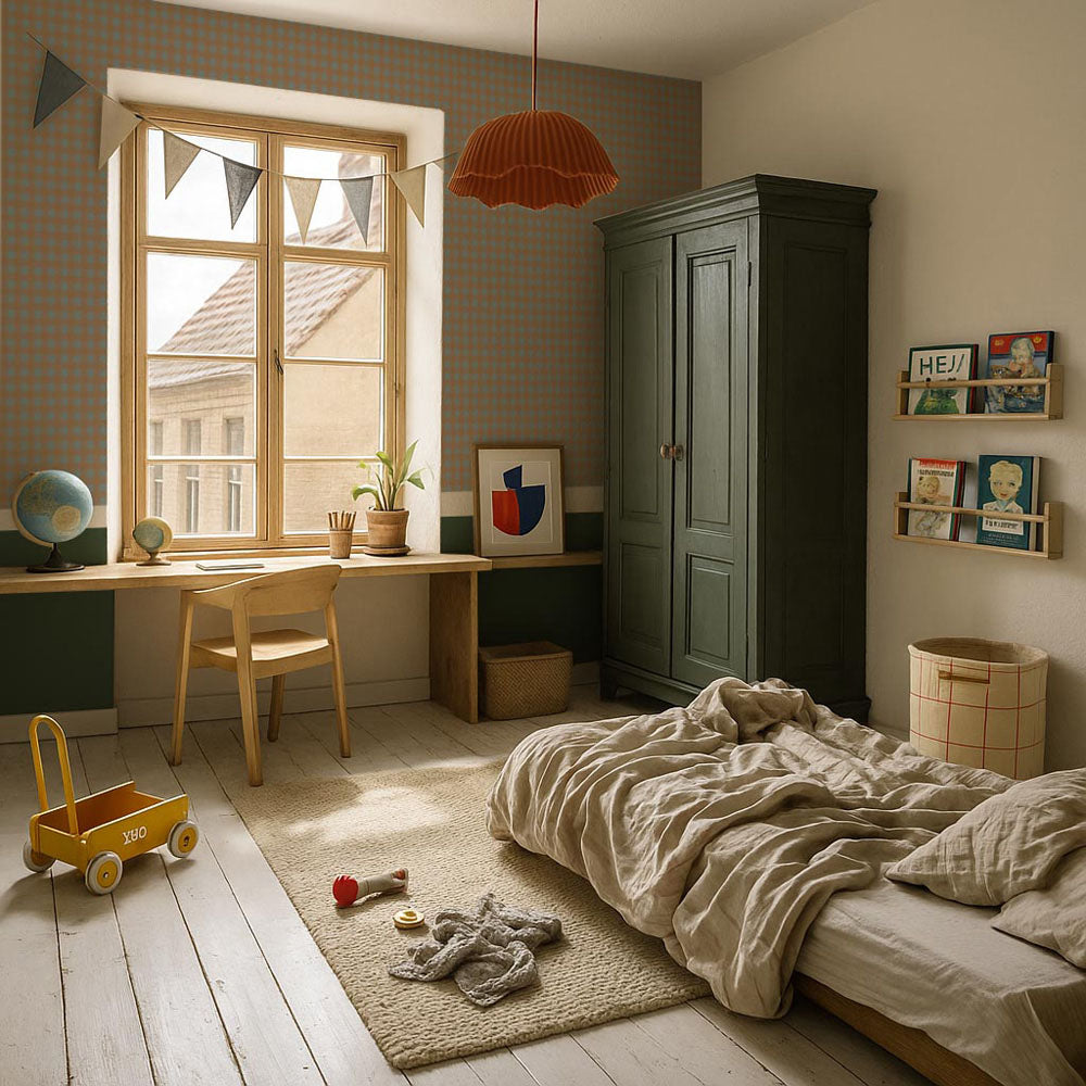 Tapet Barnrum - Check Minimini Brown/Blue | Smårutig | Remsa 280×100 cm (Non-woven)