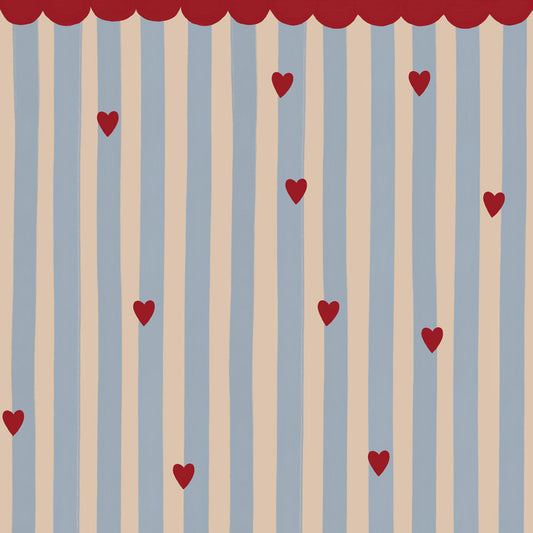 Dekornik Tapet – French Hearts Stripes | Pastellränder & Vinröda Hjärtan med Girlang | 280×100 cm remsa