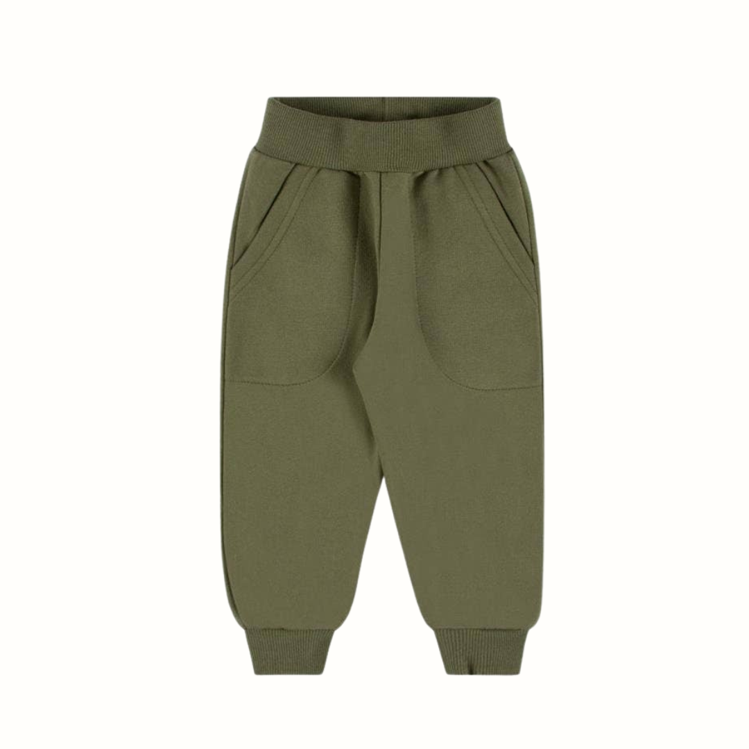 Mjukisbyxor barn – Green Eucalyptus, borstad fleece & resårmidja