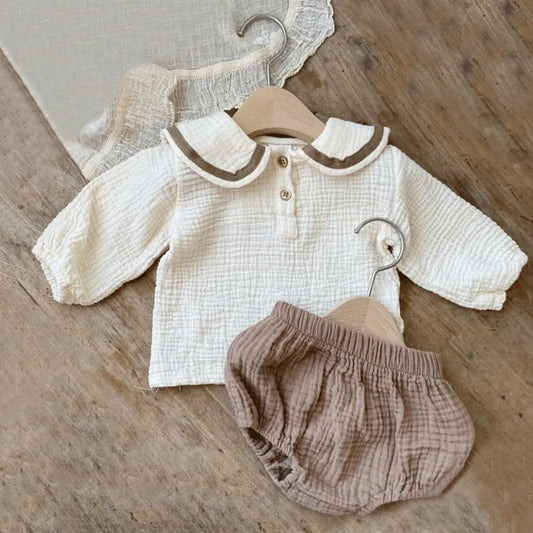 Babykläderset i ekologisk bomull för 0-3 år, Marinblå/Beige Design, Babykillkläder Skjortor + Blommor 2-delat Barnkläder Babykostym