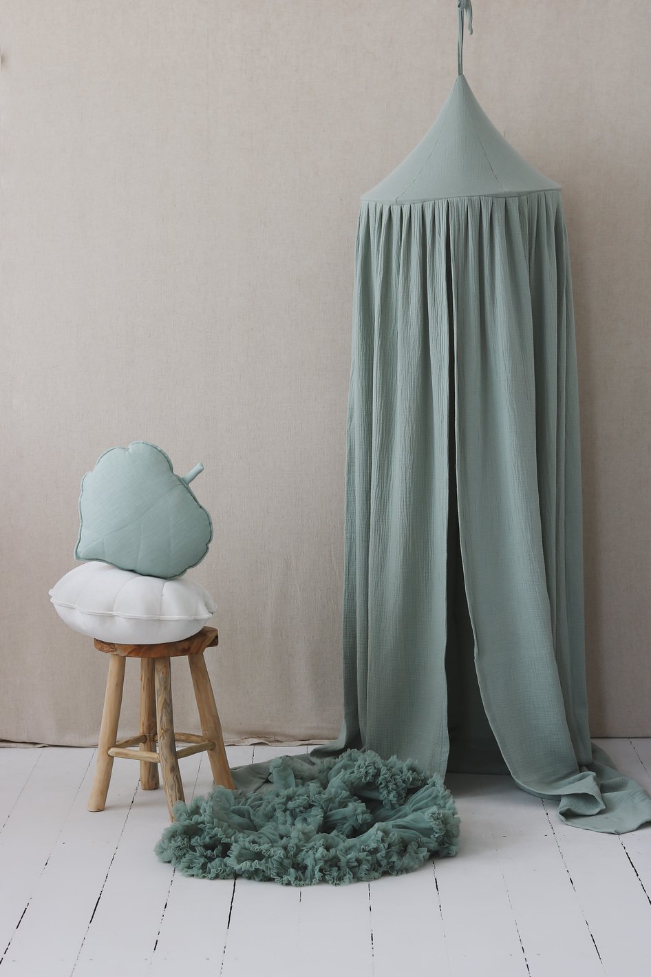 Sänghimmel barn – Mint i bomull (Ø50 × H240 cm) | Moi Mili