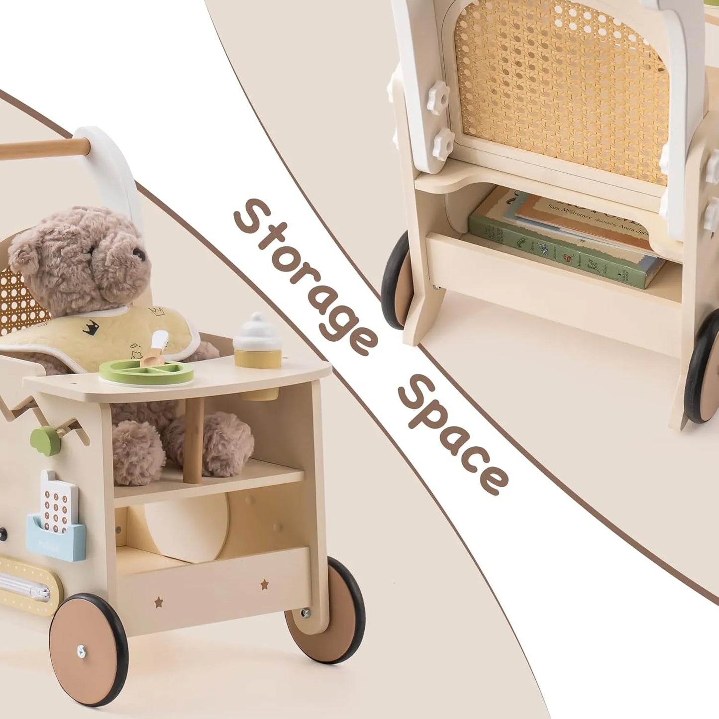 Gåvagn i trä – rattan look med aktivitetscenter & förvaring