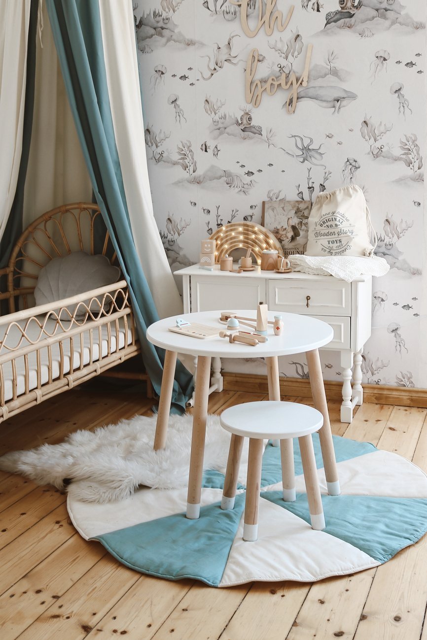 Sänghimmel barn – Blå Cirkus i bomull & lin (Ø50 × H240 cm) | Moi Mili
