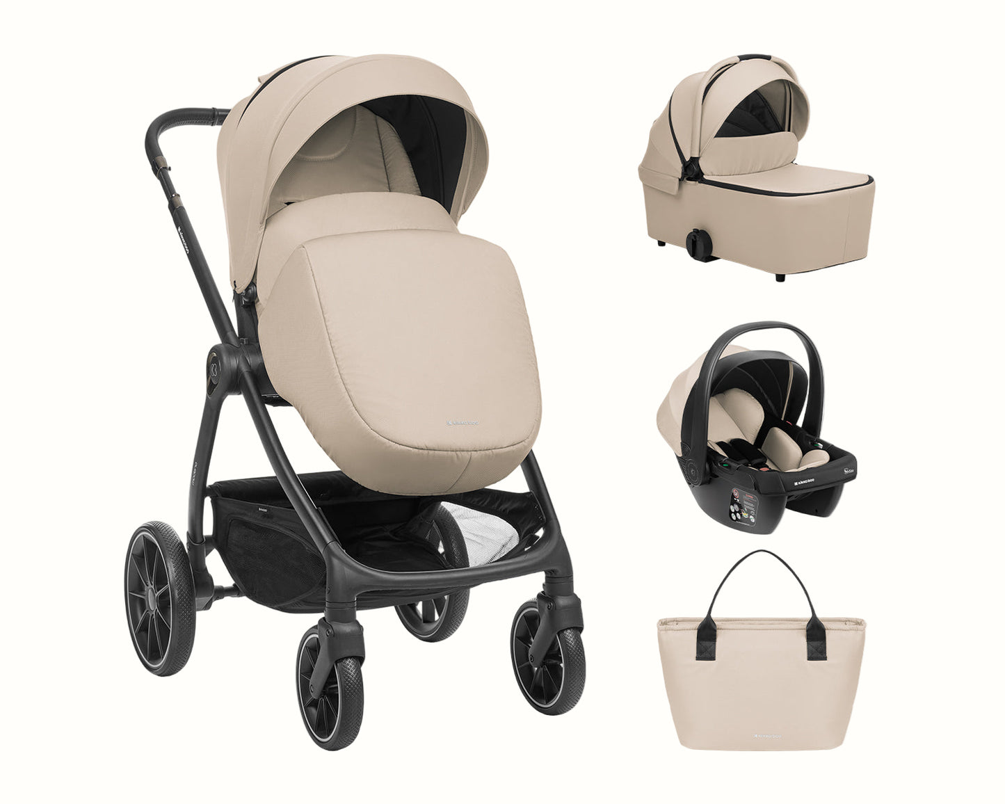 Barnvagnspaket 3-i-1 med Babyskydd i-Size – Modena av Kikka Boo | Liggdel + Sittdel | Beige / Svart / Army Green / Mörkgrå
