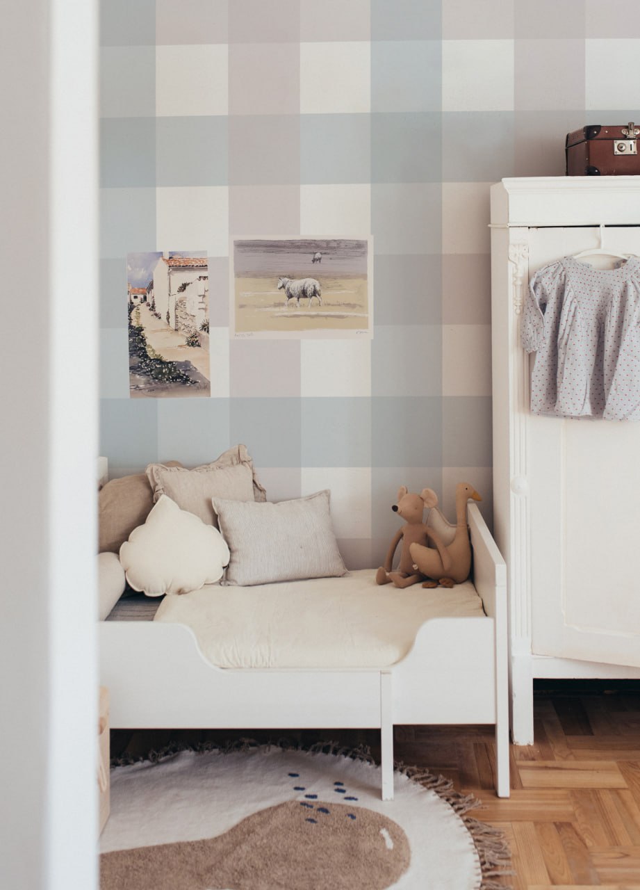 Tapet Barnrum - Provence Check Beige/Blue | Stor Rutig | Remsa 280×100 cm