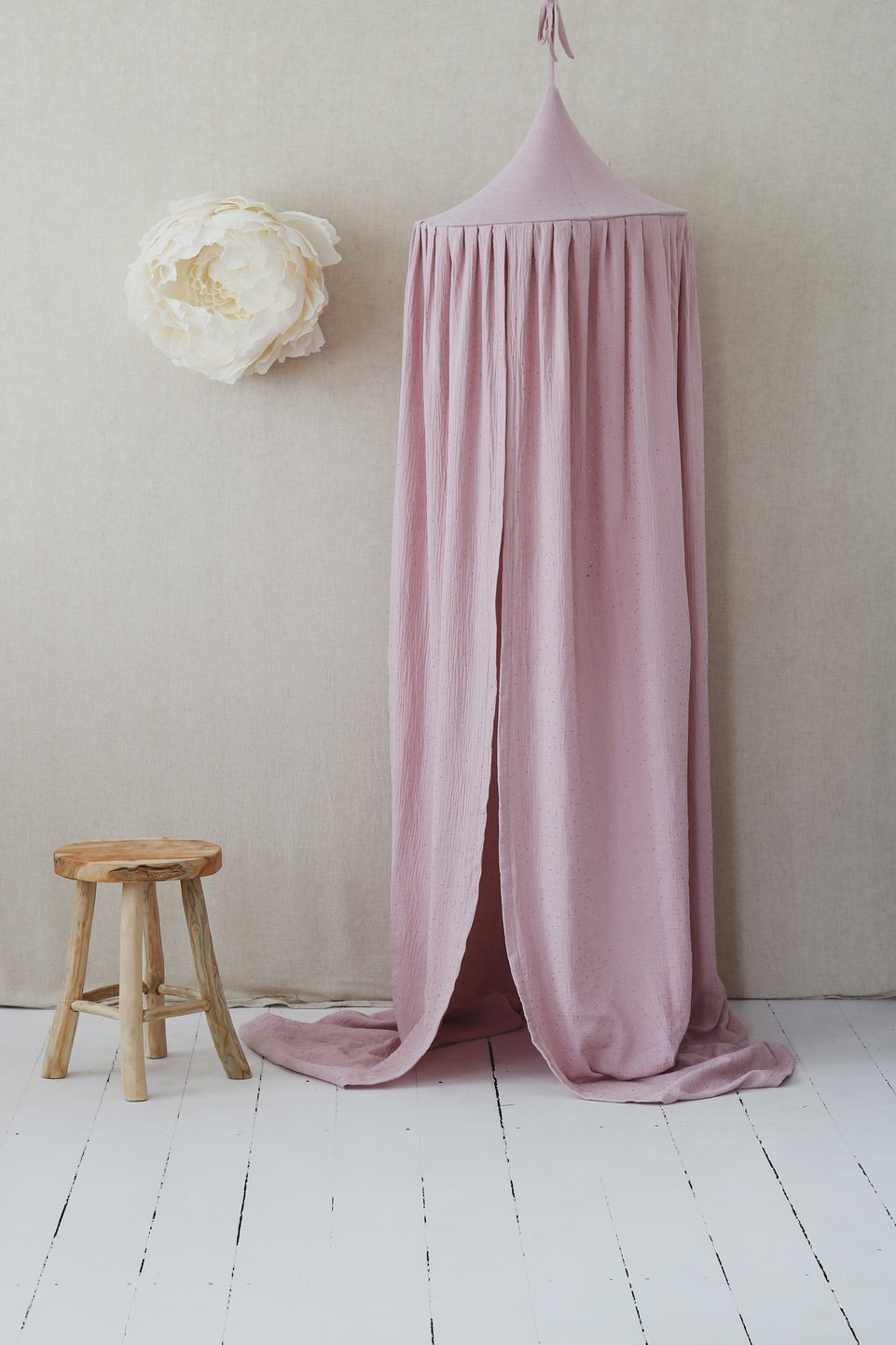Sänghimmel barn – Rosa & Guld i 100 % bomull (Ø50 × H240 cm) | Moi Mili
