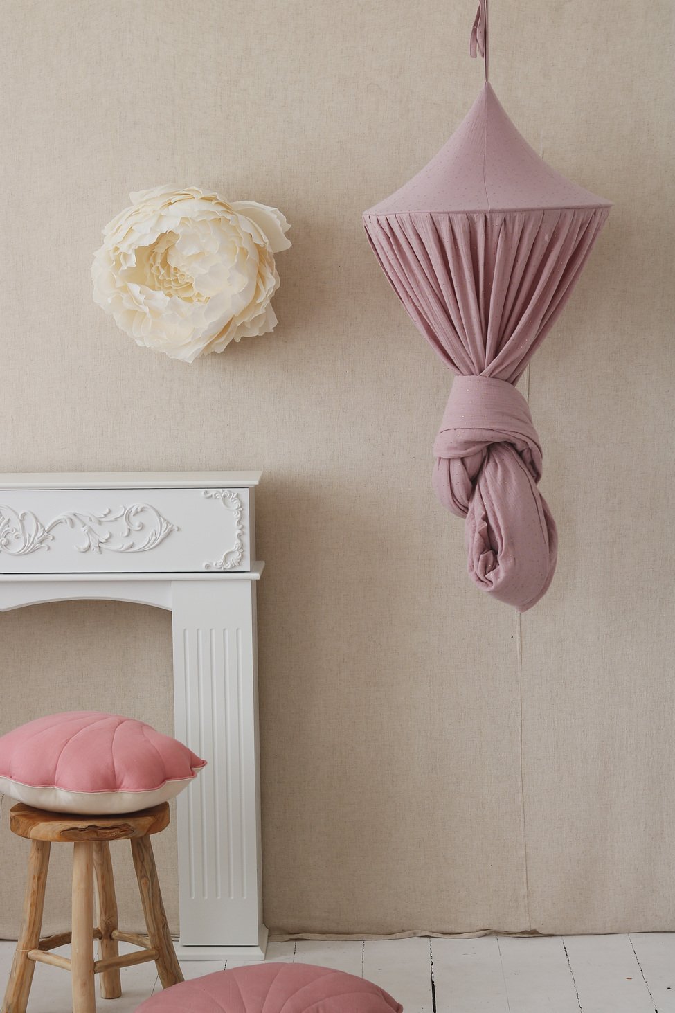Sänghimmel barn – Rosa & Guld i 100 % bomull (Ø50 × H240 cm) | Moi Mili