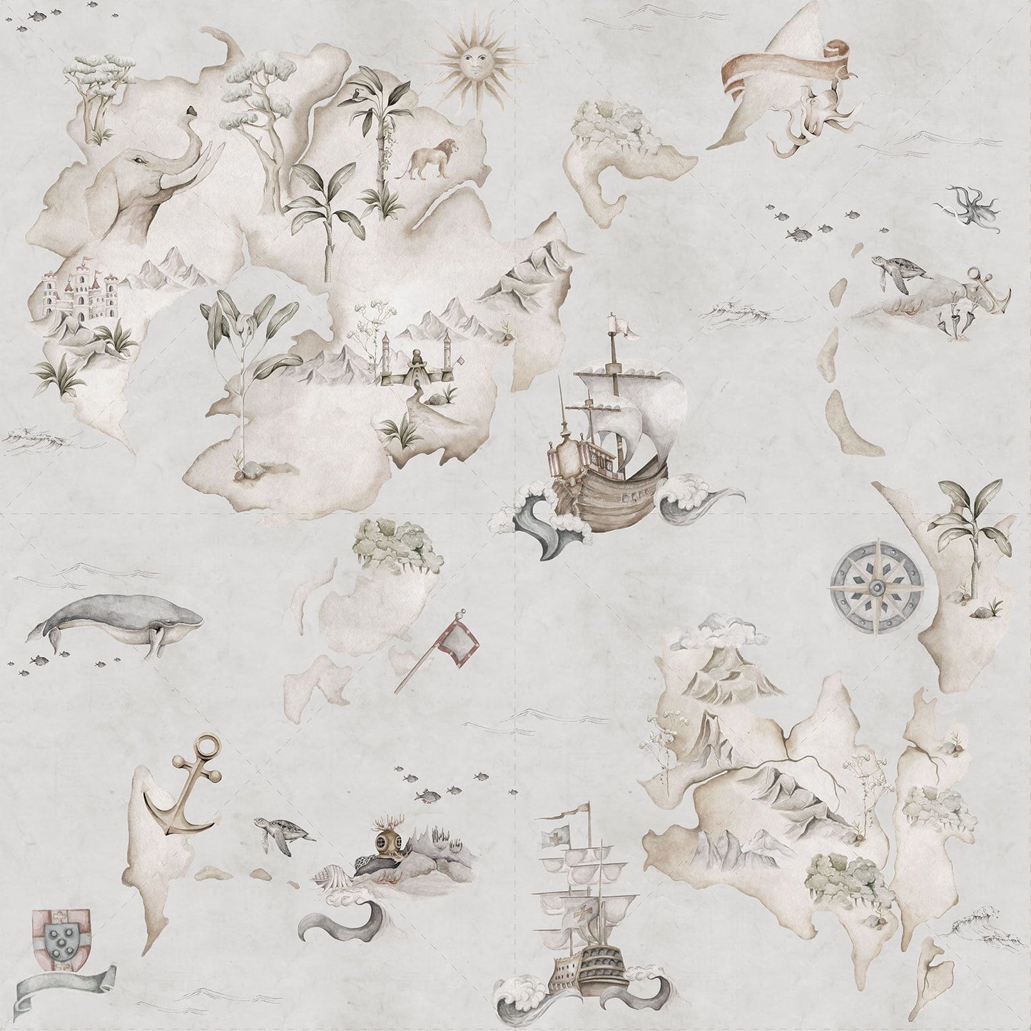 Tapet Barnrum - Map Stories From The Sea (Color) | Sjökarta & Upptäcktsmotiv | Remsa 280×100 cm (Non-woven)
