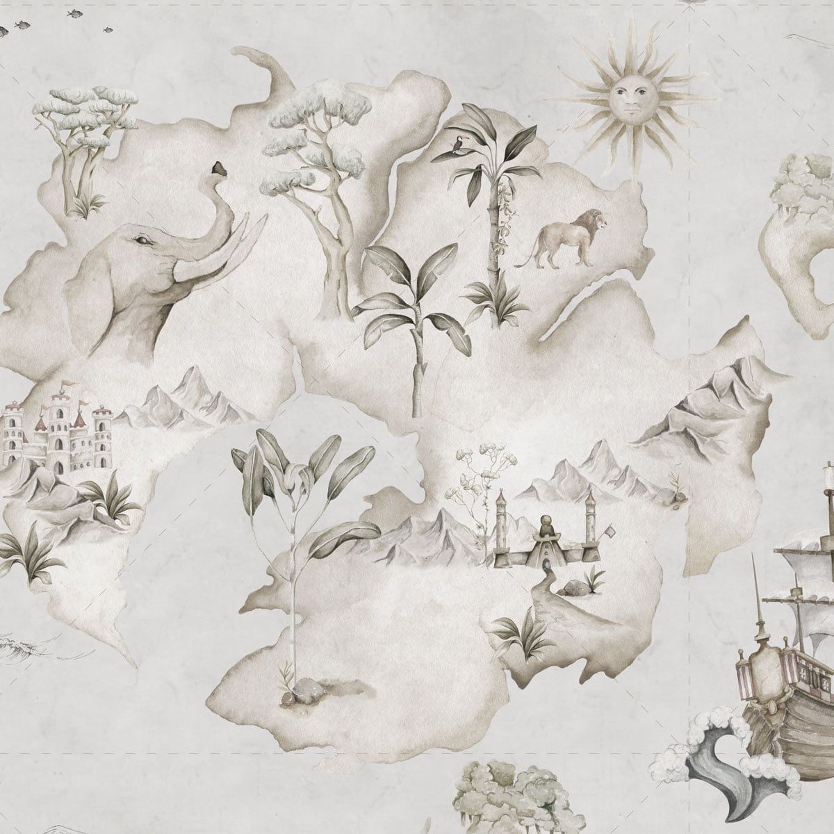 Tapet Barnrum - Map Stories From The Sea (Color) | Sjökarta & Upptäcktsmotiv | Remsa 280×100 cm (Non-woven)
