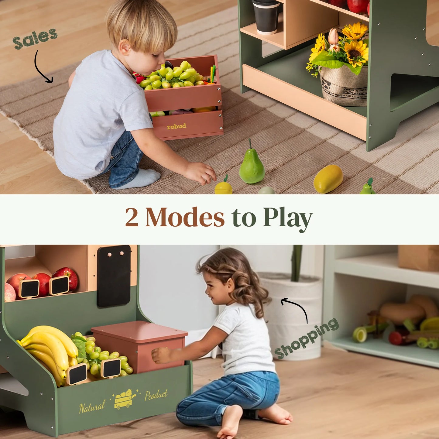 Barnkiosk i trä med interaktiv kassa – Pretend Grocery Supermarket