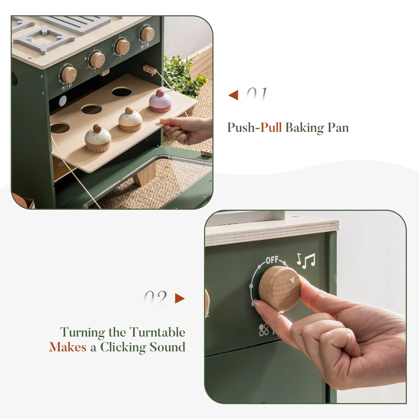 Leksaksugn i trä – Vintage Green (3+) | barnspis med spishäll & tillbehör