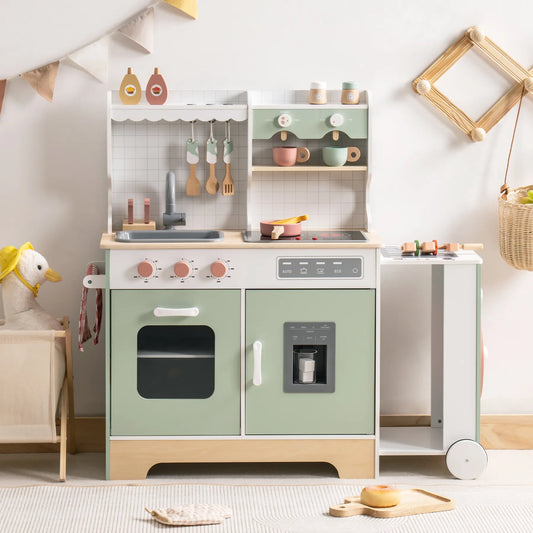 Barnkök i trä med tillbehör – utbyggbart lek-kök med ugn & hyllor
