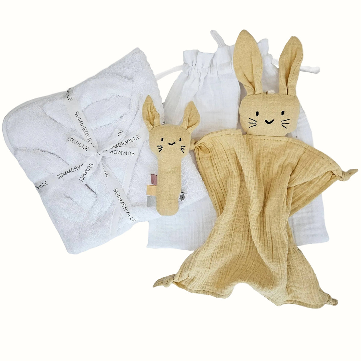 Ekologisk presentbox till nyfödd Rabbit Sun Yellow med badcape, snuttefilt och skallra