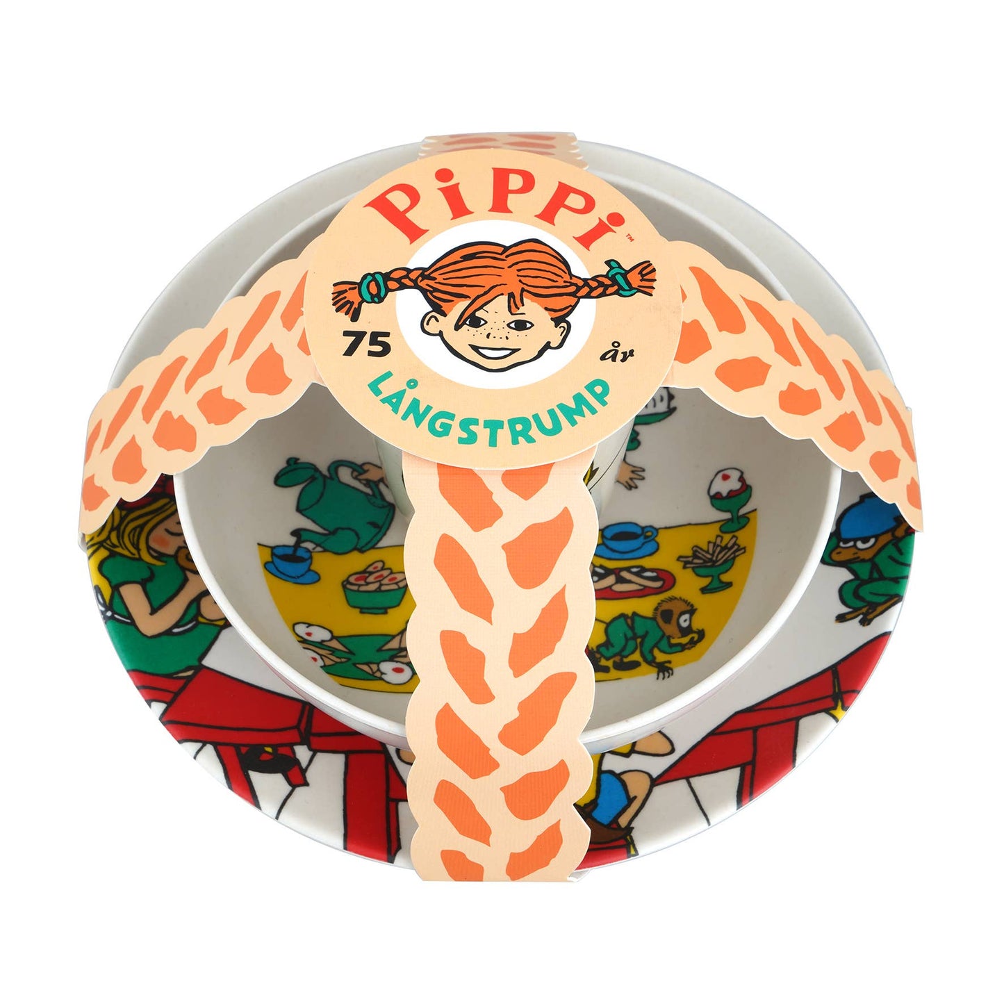 Pippi Långstrump barnservis i melamin – 3 delar (tallrik, skål, mugg)