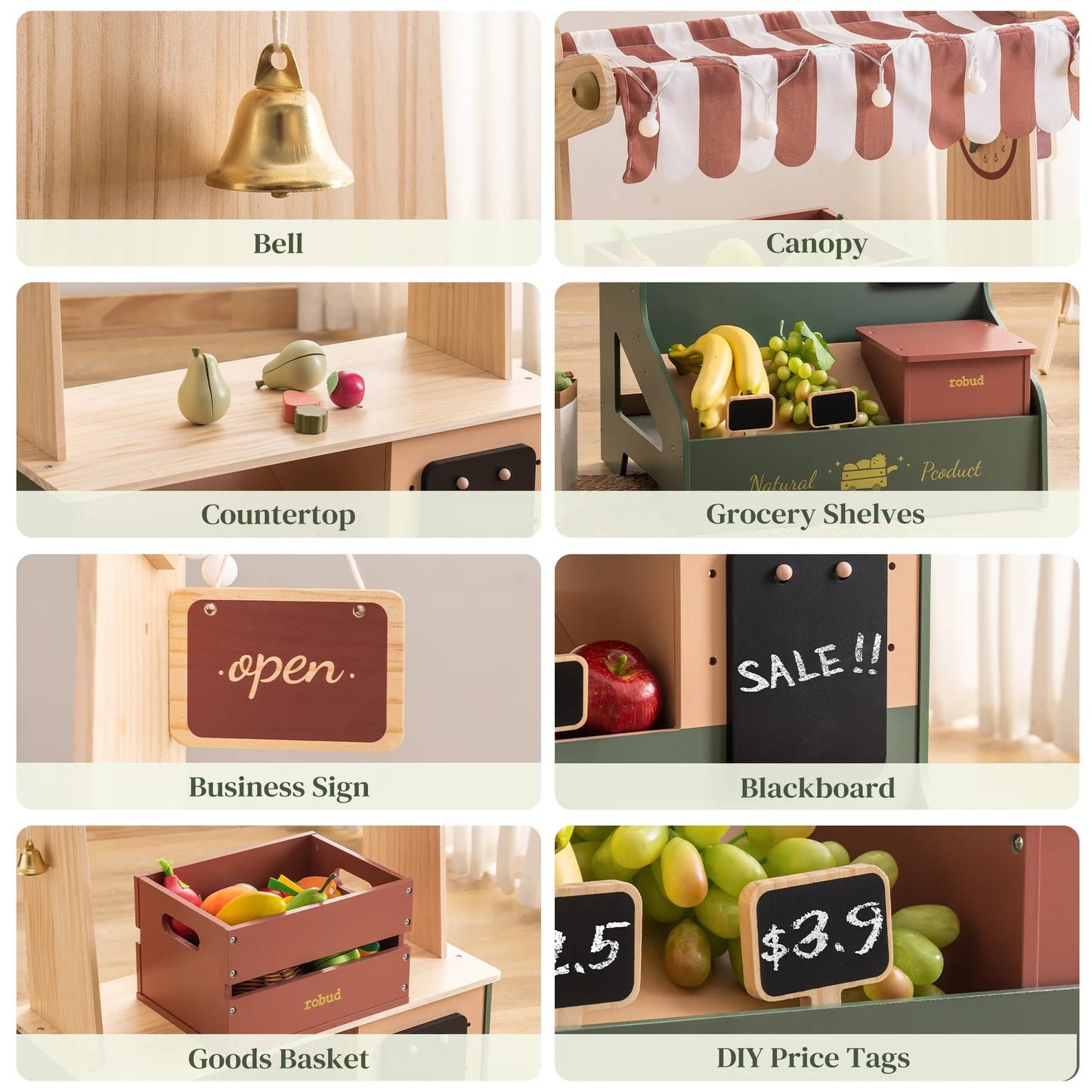 Barnkiosk i trä med interaktiv kassa – Pretend Grocery Supermarket