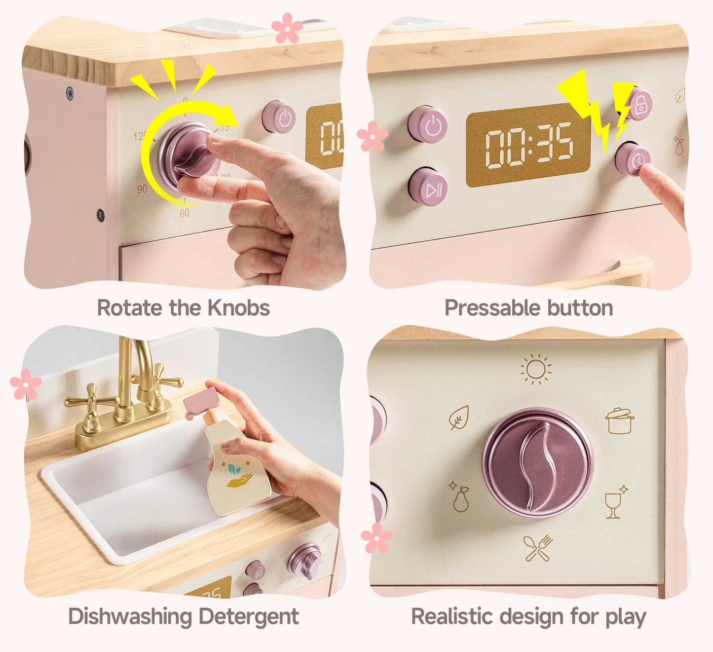 Mini Barnkök i trä – rosa miniugn med vask & lekspis | CE-märkt
