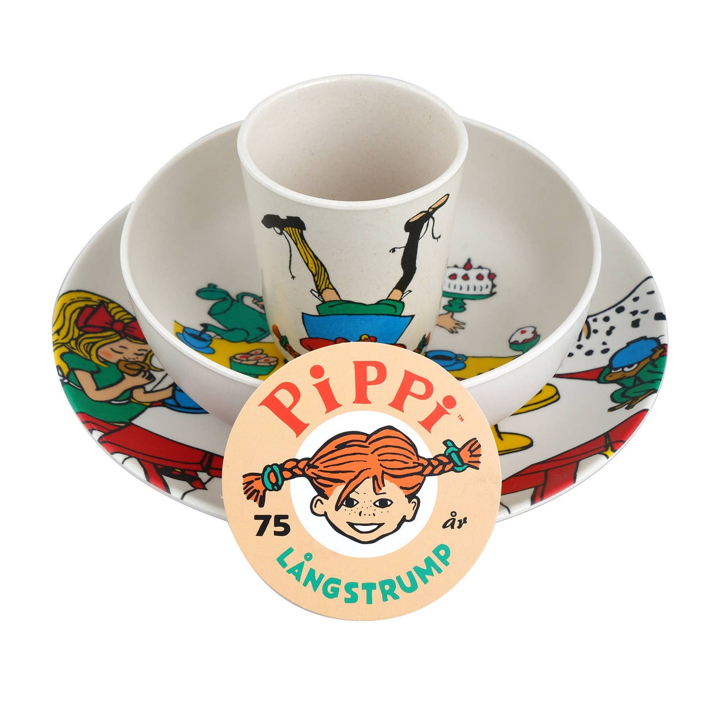Pippi Långstrump barnservis i melamin – 3 delar (tallrik, skål, mugg)
