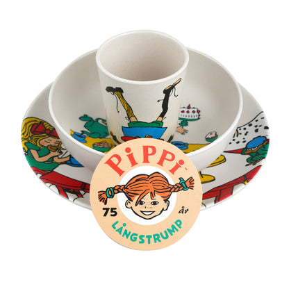 Pippi Långstrump barnservis i melamin – 3 delar (tallrik, skål, mugg)