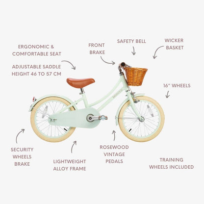 Banwood – 16" Classic Barncykel Vintage Pale Mint | Retroinspirerad Barncykel med Korg