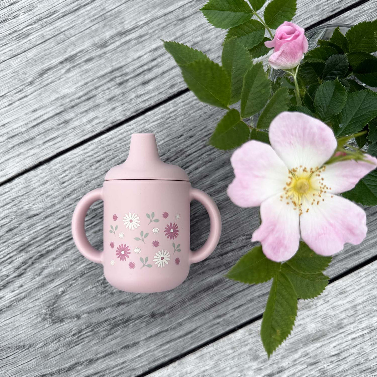 Spillfri silikonmugg för barn Pale Mauve Flowers med dubbla handtag