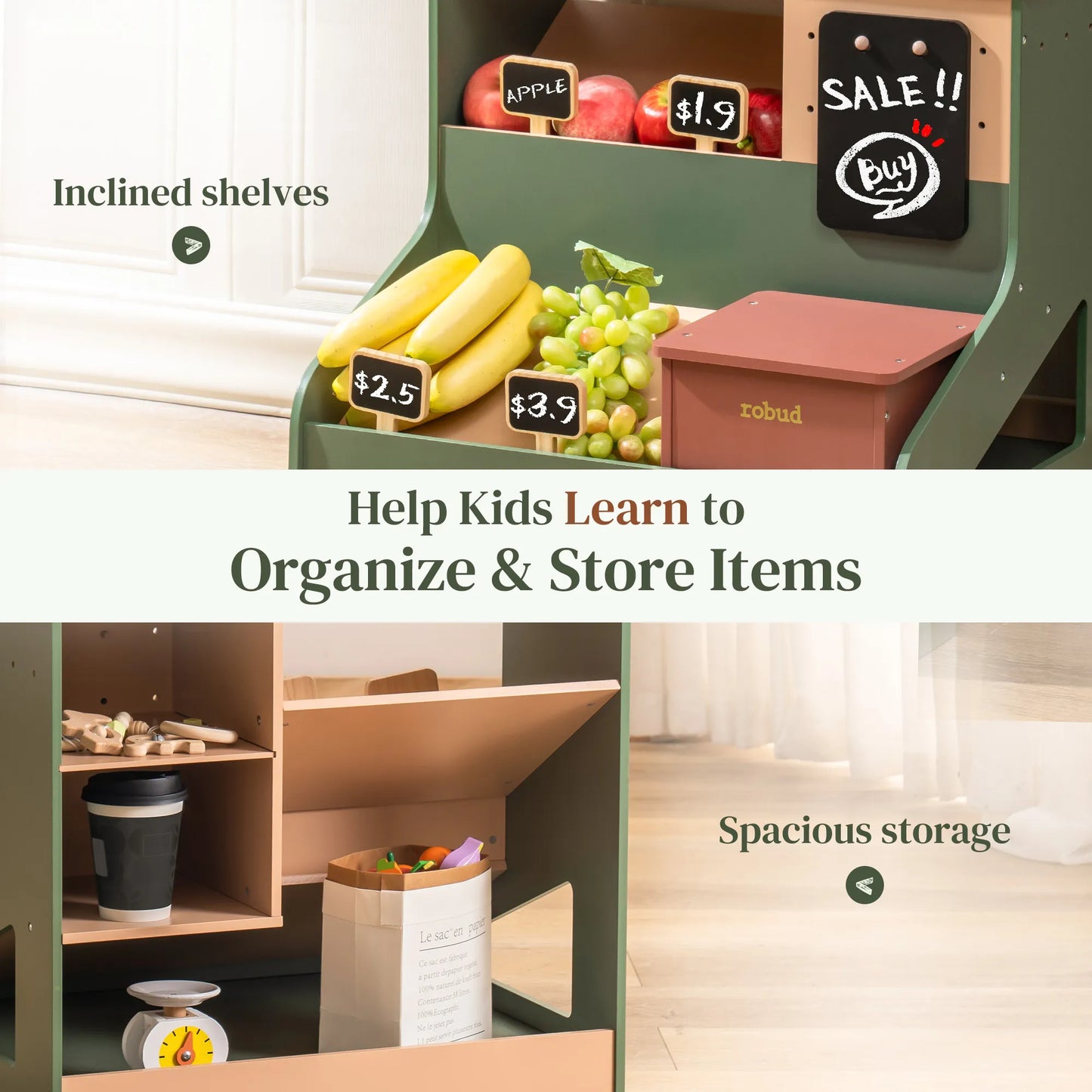 Barnkiosk i trä med interaktiv kassa – Pretend Grocery Supermarket