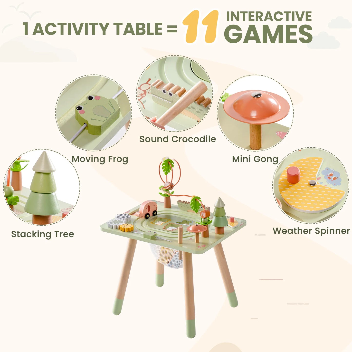 Aktivitetsbord i trä för barn – 11-i-1 regnskogs aktivitetsbord med många lekar