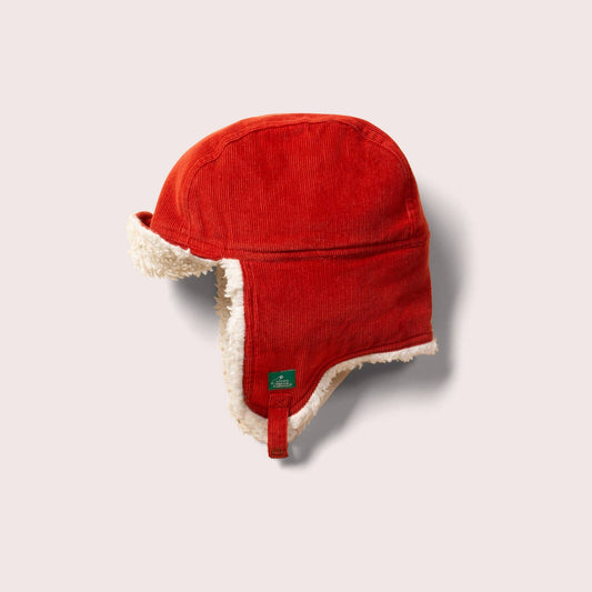 Vintermössa barn – Red, ekologisk sherpa & knäppbar hakrem | Little Green Radicals