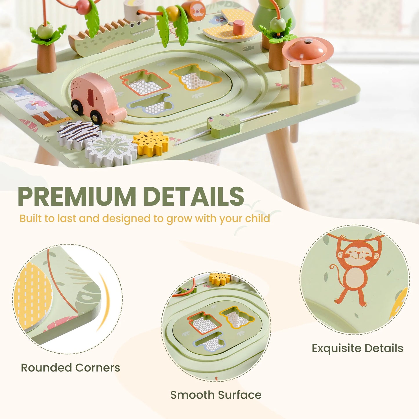 Aktivitetsbord i trä för barn – 11-i-1 regnskogs aktivitetsbord med många lekar