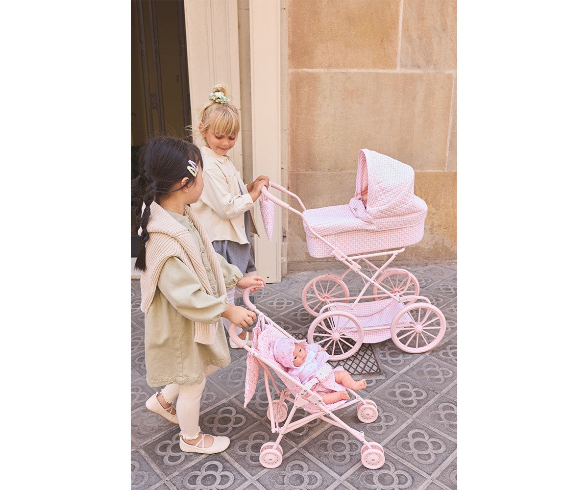 Dockvagn Rosa Vichy – vikbar barnvagn för dockor Monnëka