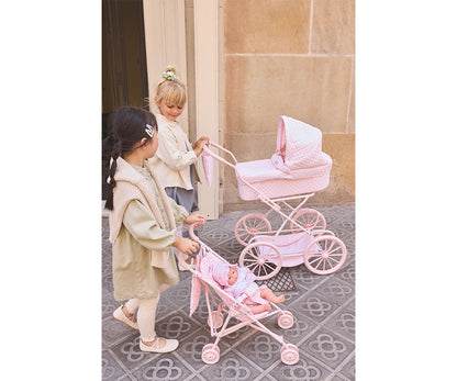 Dockvagn Rosa Vichy – vikbar barnvagn för dockor Monnëka