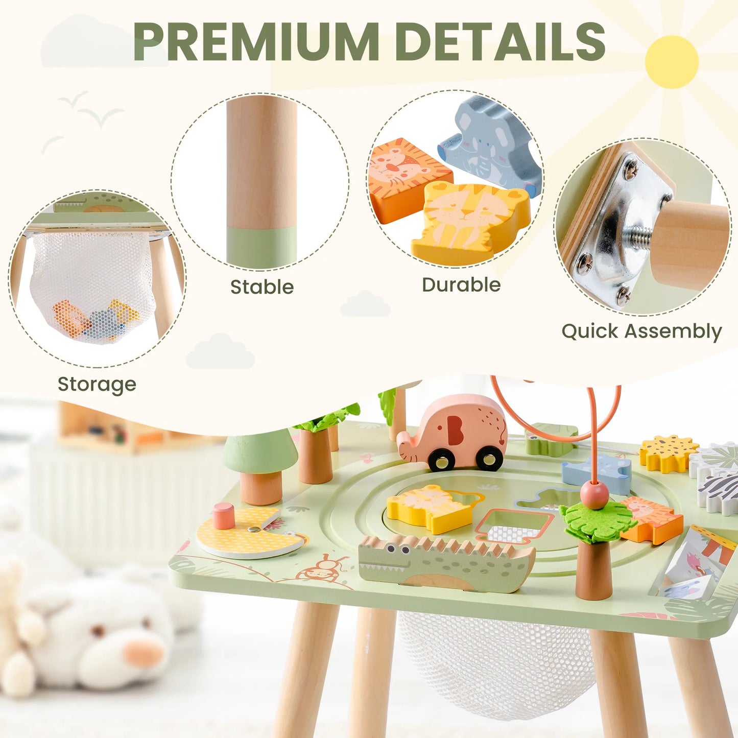 Aktivitetsbord i trä för barn – 11-i-1 regnskogs aktivitetsbord med många lekar