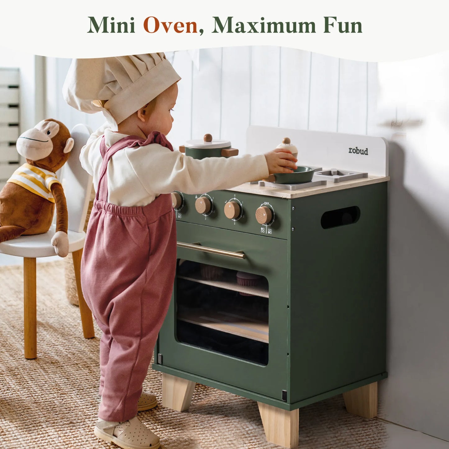 Leksaksugn i trä – Vintage Green (3+) | barnspis med spishäll & tillbehör