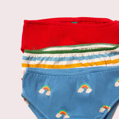 Ekologiska barnunderbyxor 3-pack – Blue Rainbows (unisex, GOTS & Fairtrade) | Little Green Radicals
