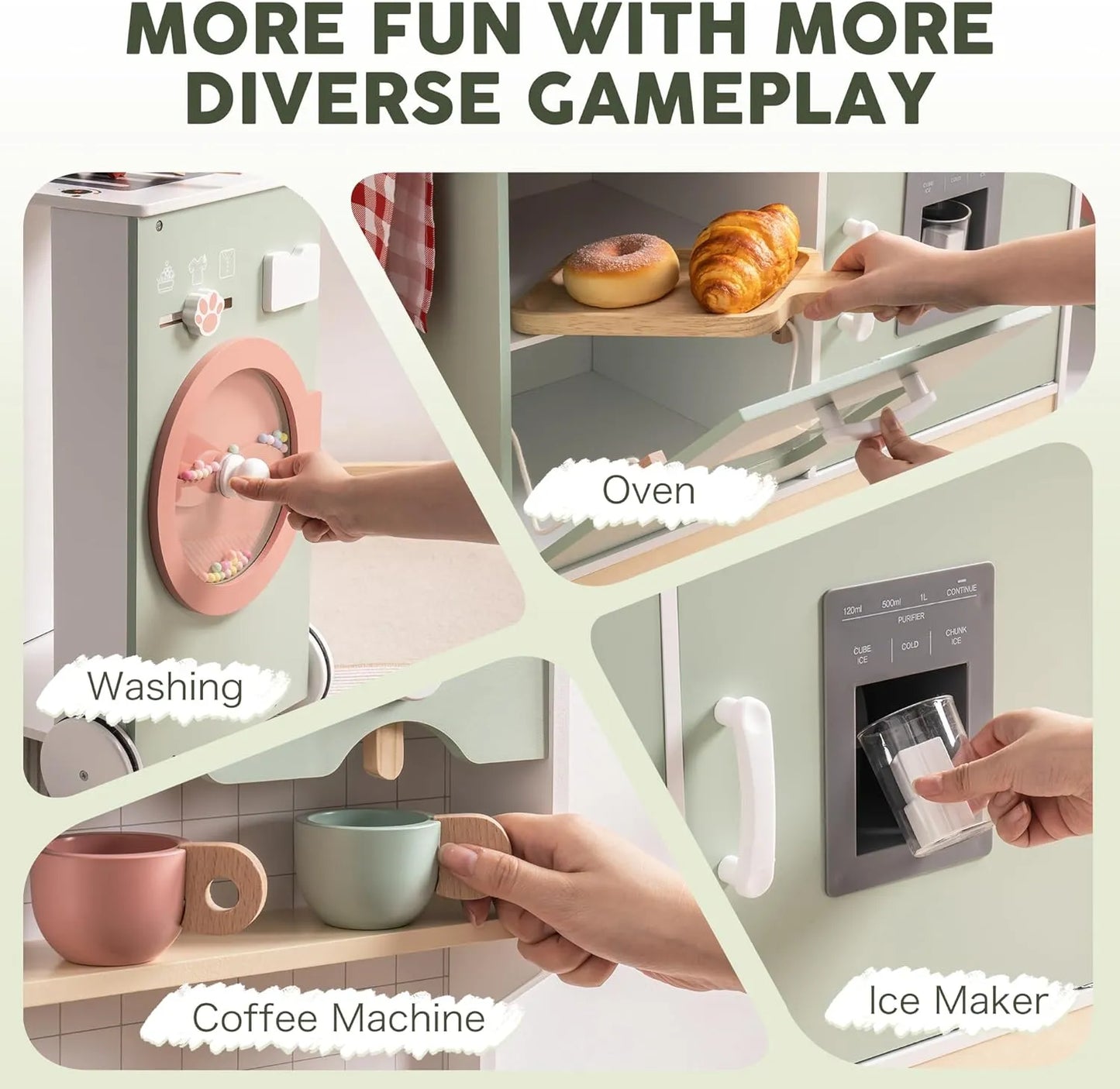 Barnkök i trä med tillbehör – utbyggbart lek-kök med ugn & hyllor