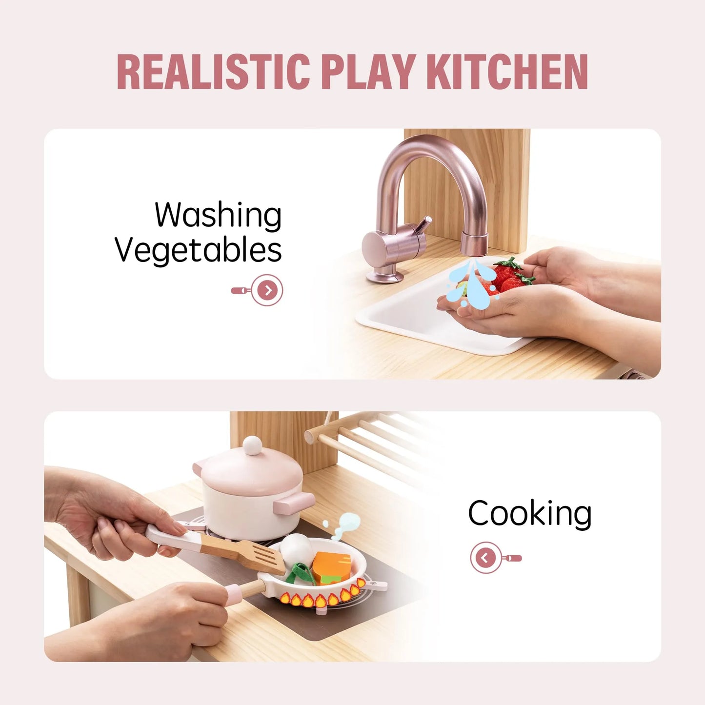 Barnkök i trä – Rosa Komplett med tvättmaskin & realistiska tillbehör (3+)