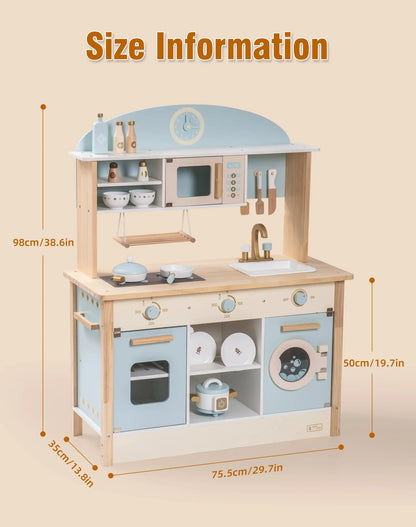 Barnkök i trä blå – komplett med tvättmaskin & realistiska tillbehör