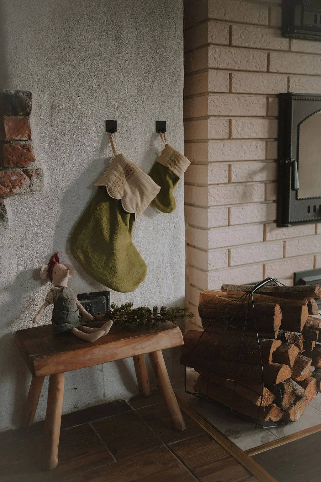 Julstrumpa Olive i Sammet & Japansk Bomull | 37 cm med Upphängning