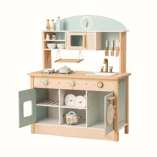 Barnkök i trä blå – komplett med tvättmaskin & realistiska tillbehör