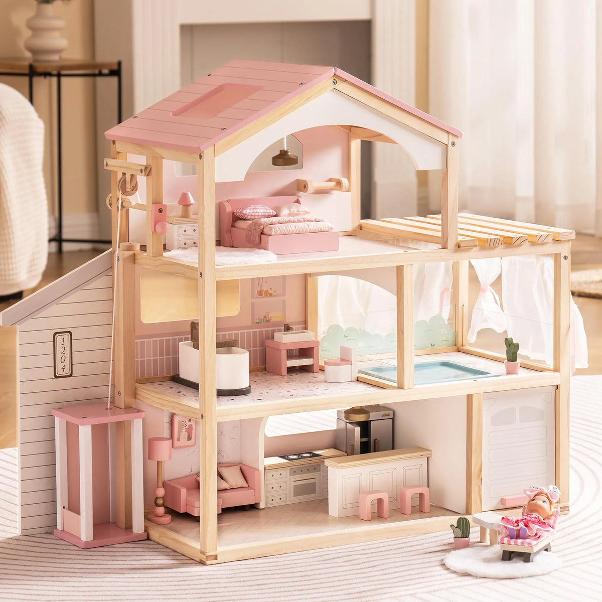 Dockhus i trä Dreamy Pink med hiss | ROBUD – produktbild 3