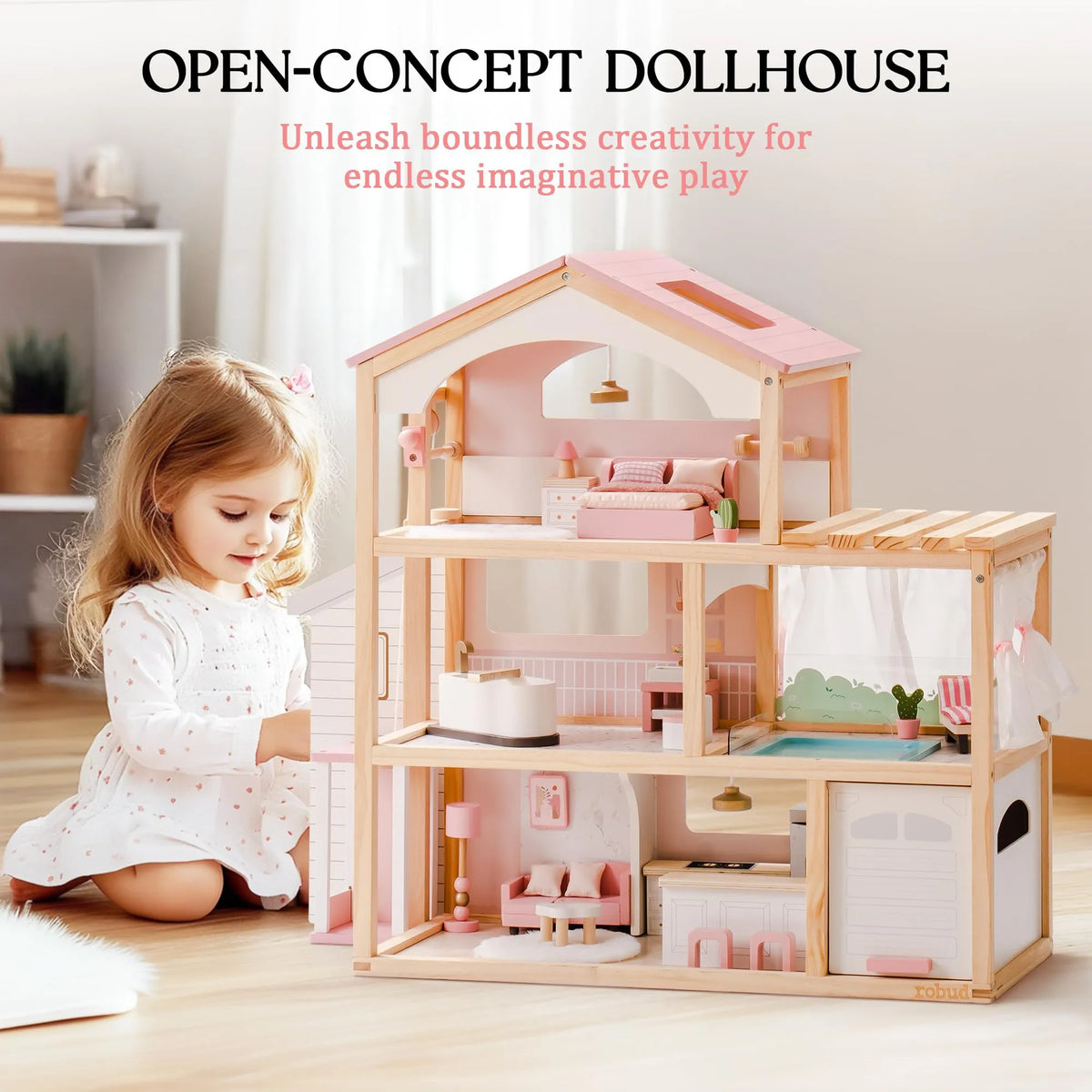 Dockhus i trä Dreamy Pink med hiss | ROBUD – produktbild 4